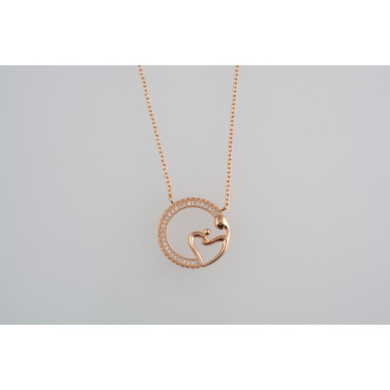 Ασημένιο κολιέ κύκλος με καρδια σε ροζ χρωμα με ζιργκόν